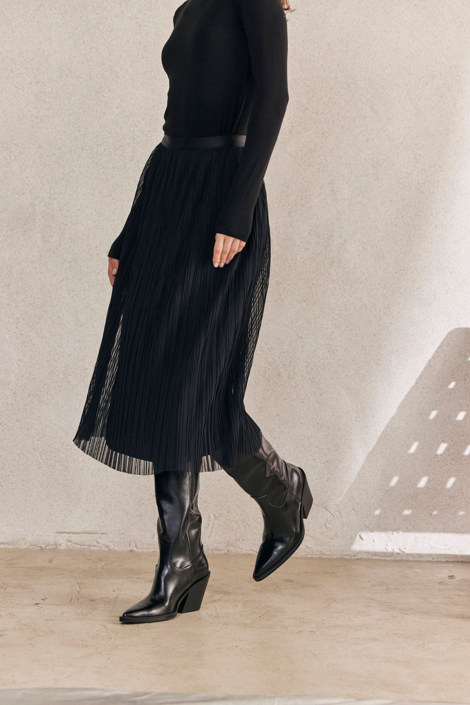 Black Pleated Skirt with a Fabric Belt
