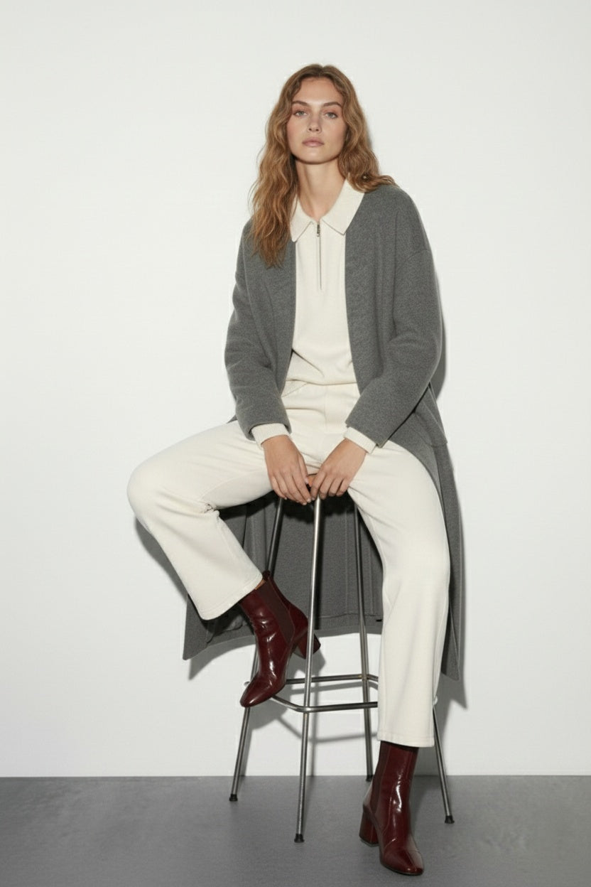 קרדיגן ארוך אפור בגזרה נקייה