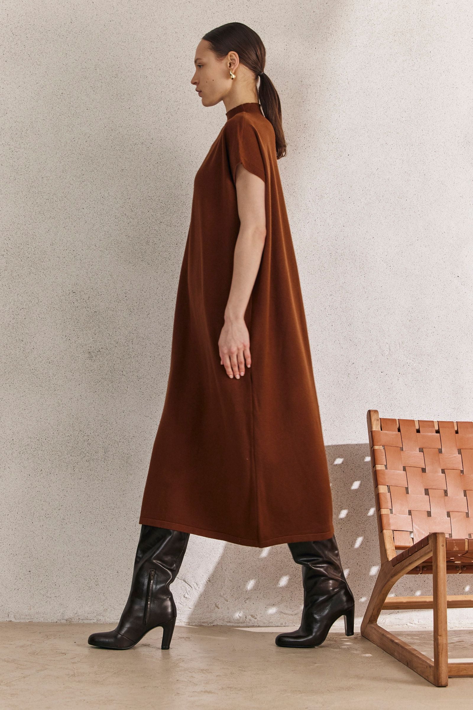 Short Sleeve High Neck Knit Maxi Dress