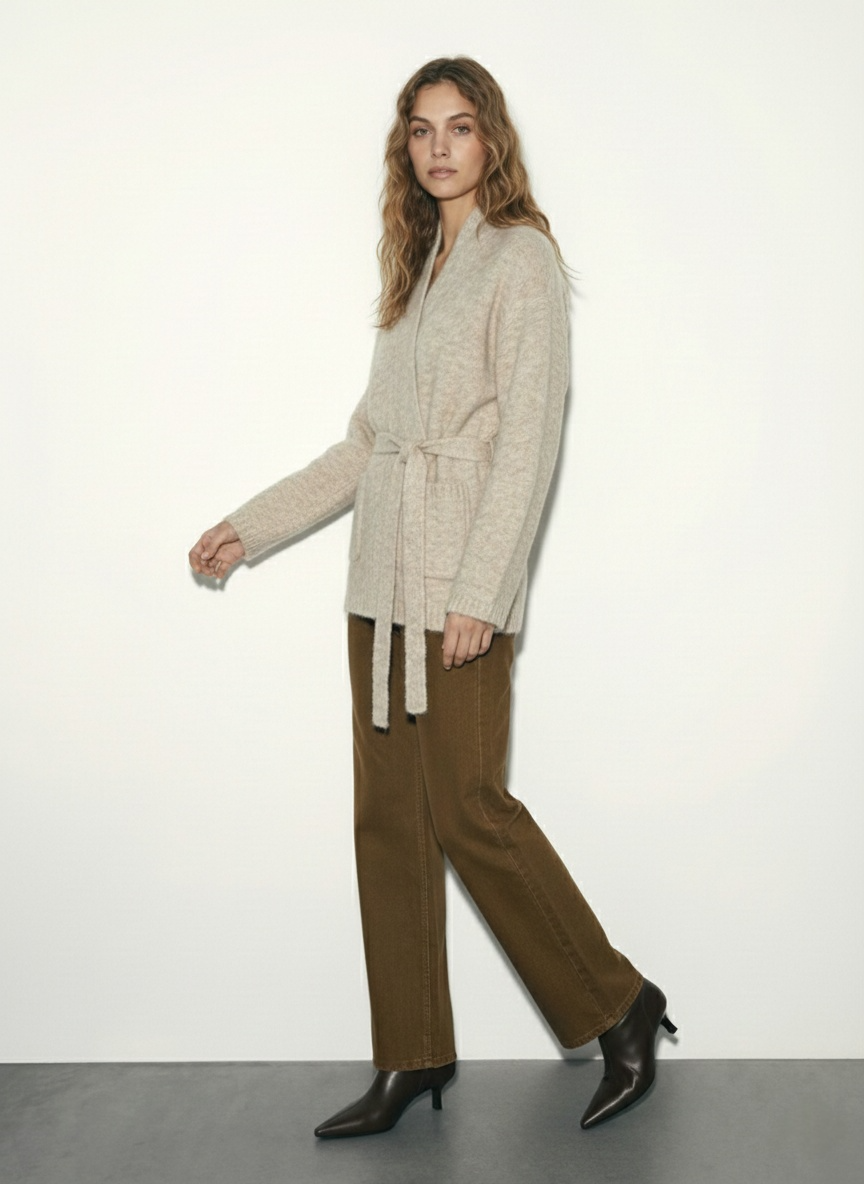 קרדיגן סריג בהיר עם קשירה