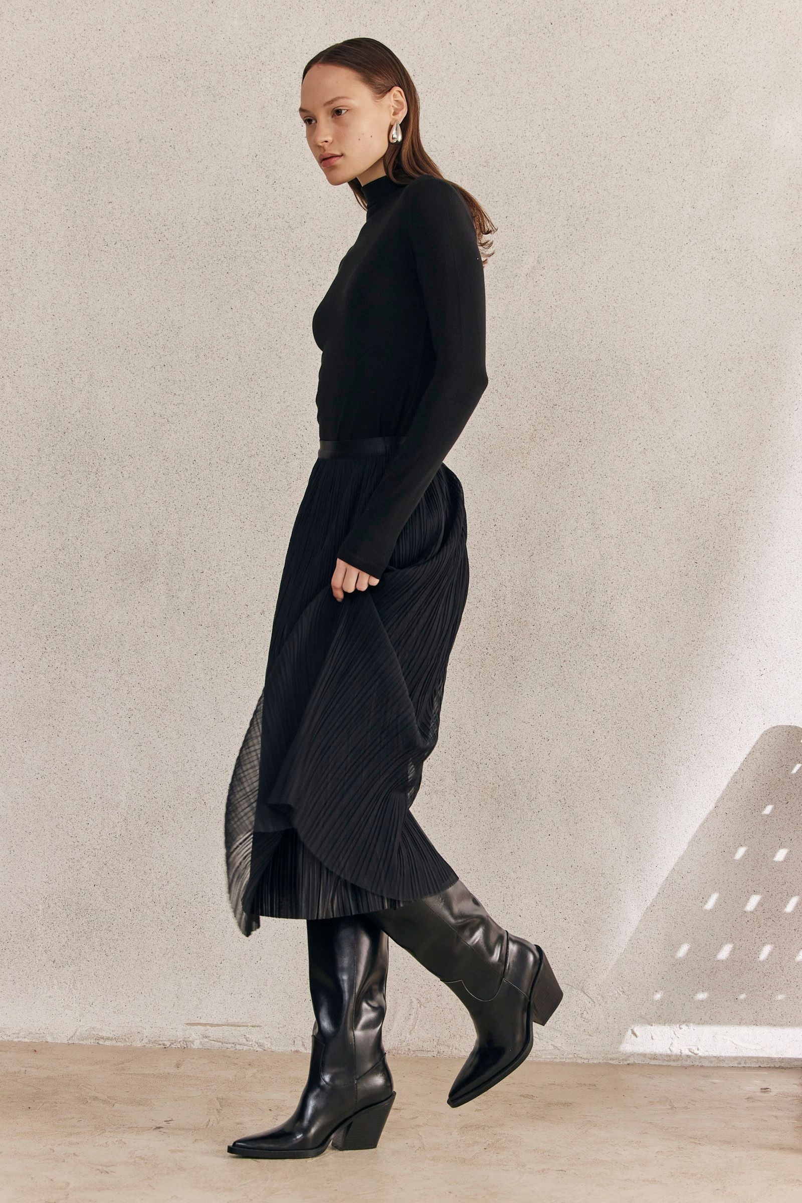 Black Pleated Skirt with a Fabric Belt