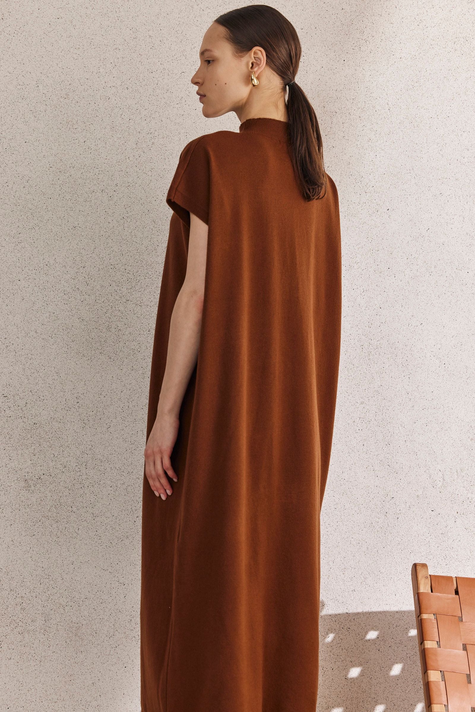 Short Sleeve High Neck Knit Maxi Dress