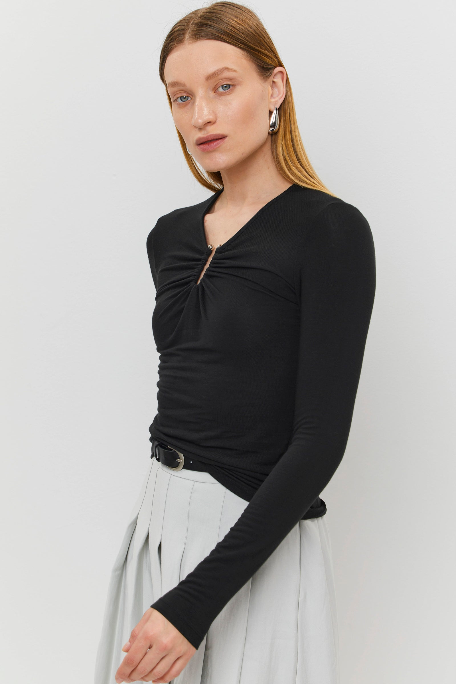Black Detailed Long-Sleeve Top