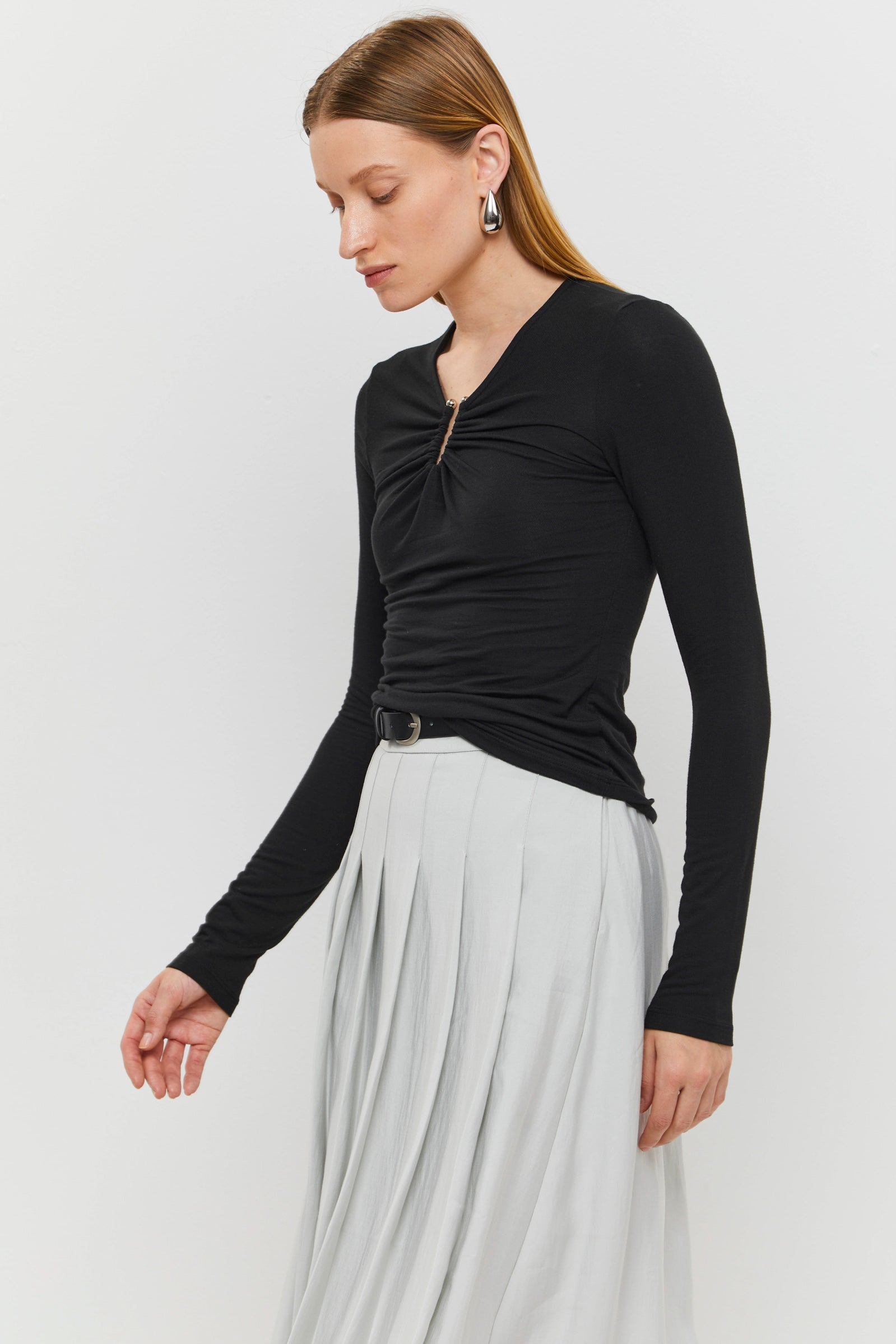 Black Detailed Long-Sleeve Top