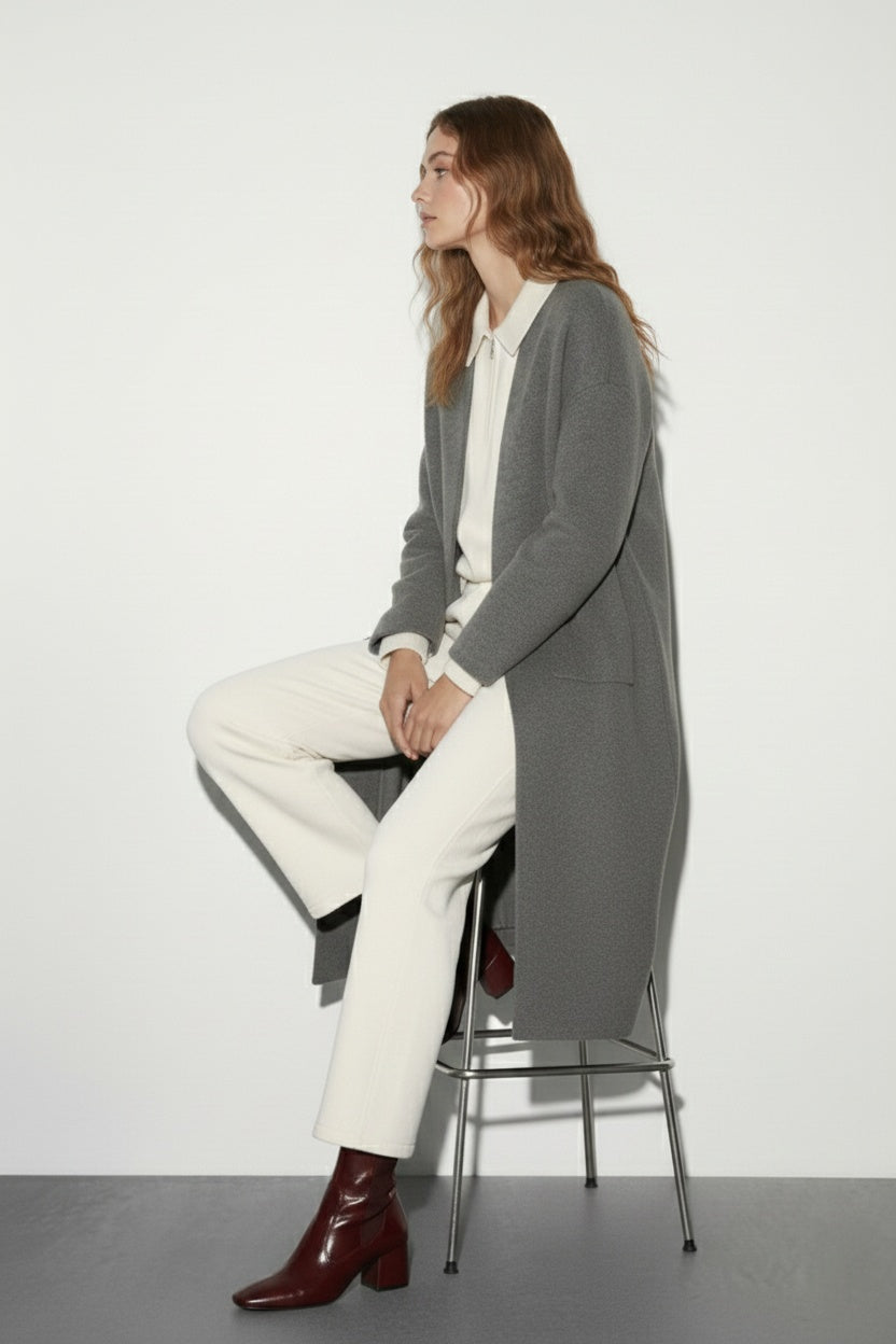 קרדיגן ארוך אפור בגזרה נקייה