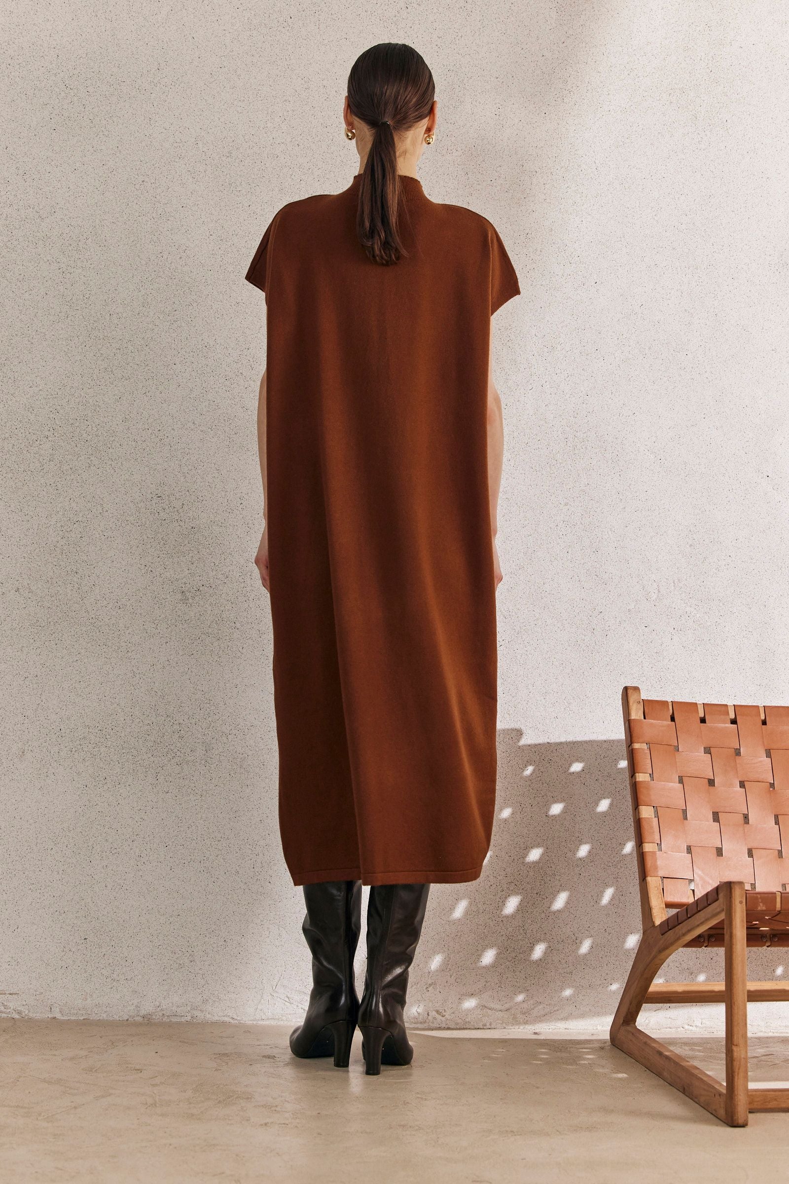 Short Sleeve High Neck Knit Maxi Dress