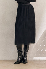 Black Pleated Skirt with a Fabric Belt