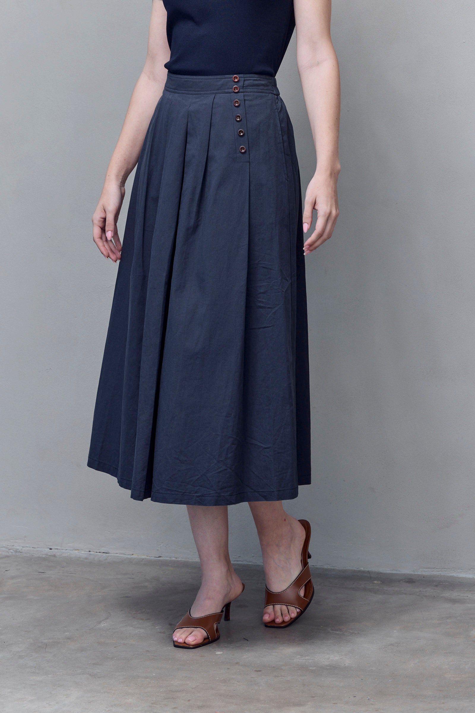 Navy Button-Pleat Maxi Skirt
