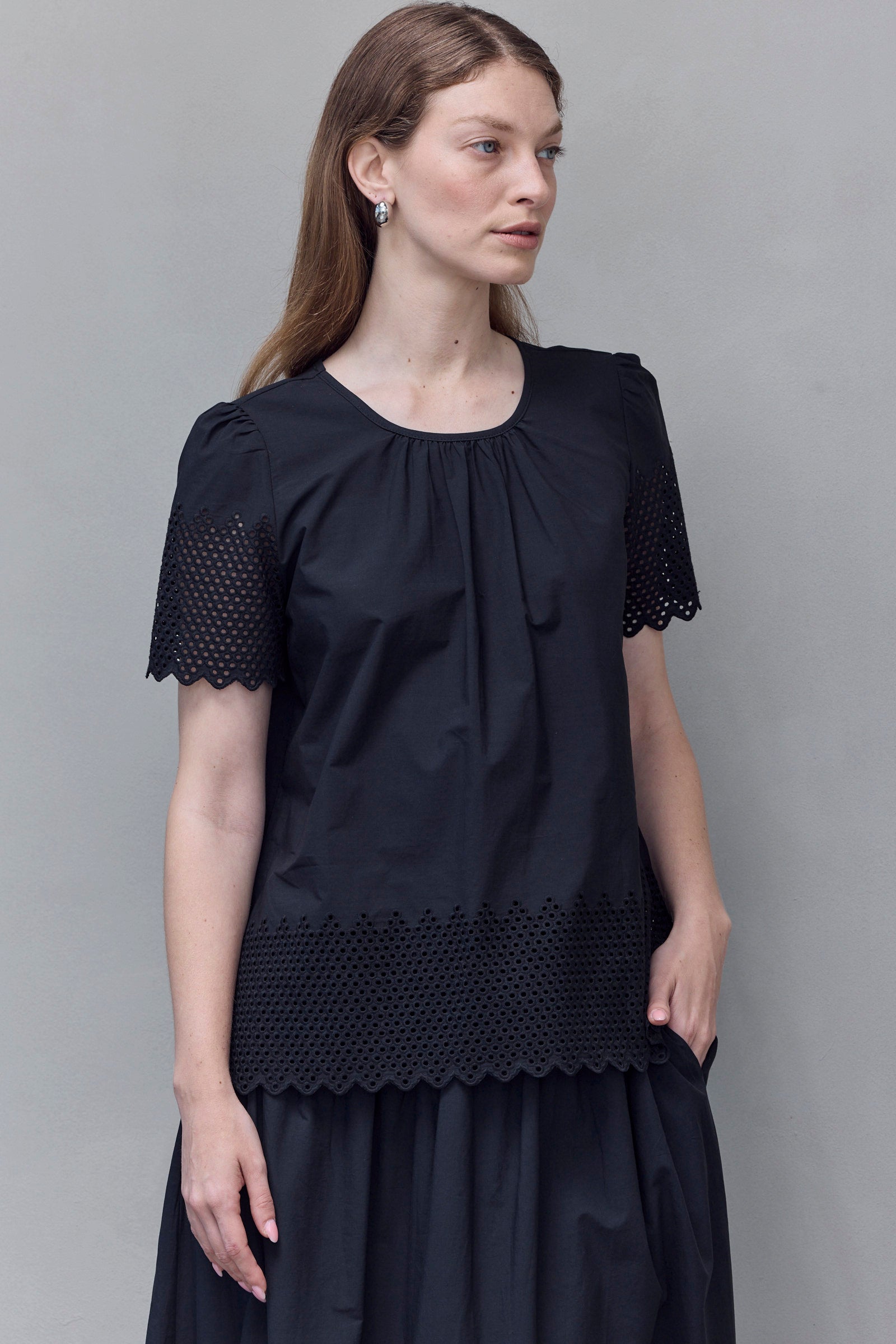 Black Eyelet Trim Blouse