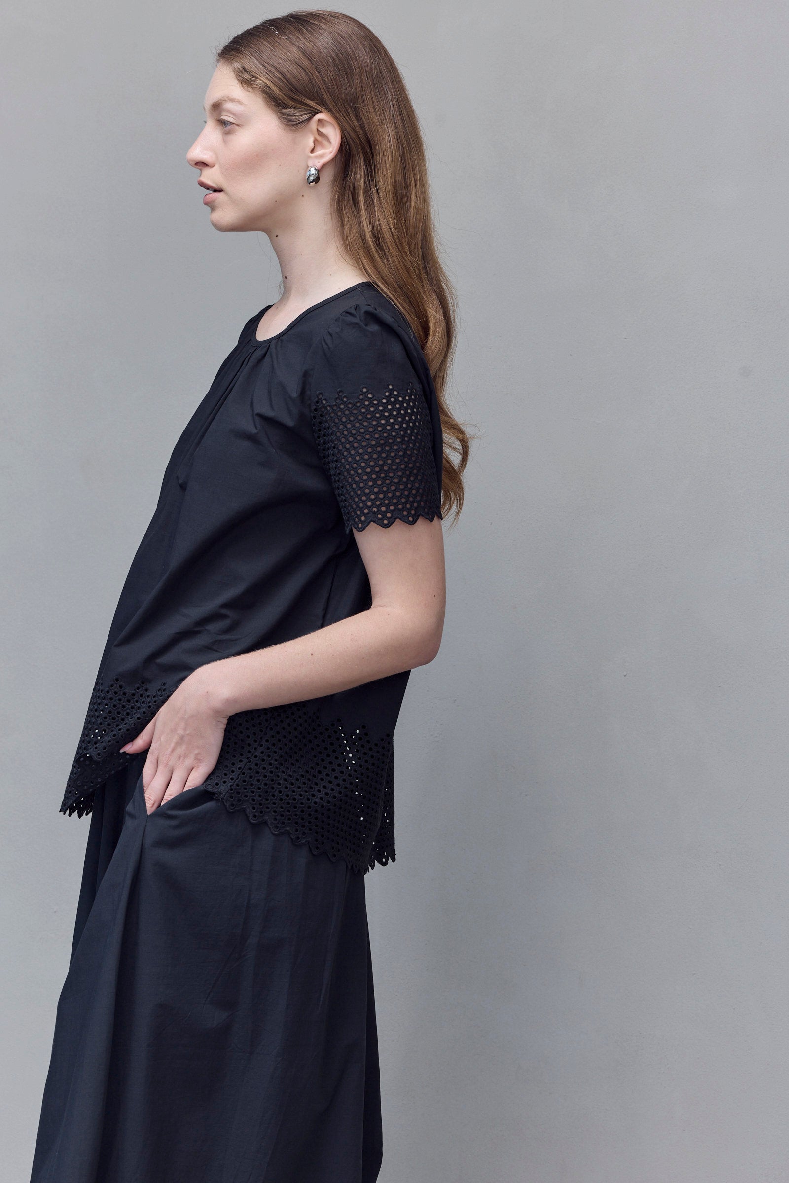 Black Eyelet Trim Blouse