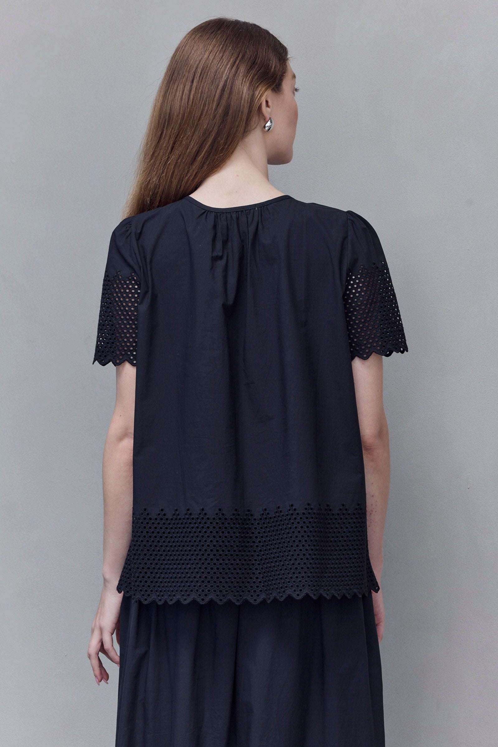 Black Eyelet Trim Blouse