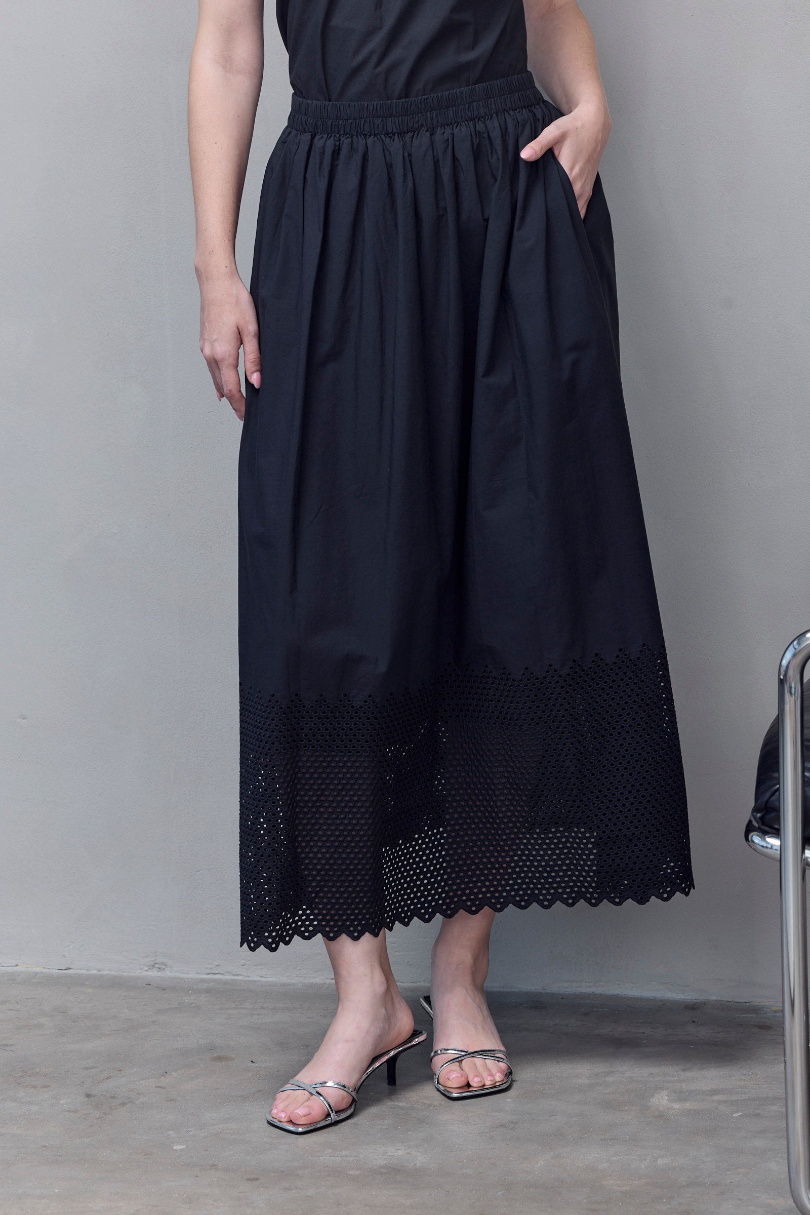 Black Tiered Eyelet Maxi Skirt