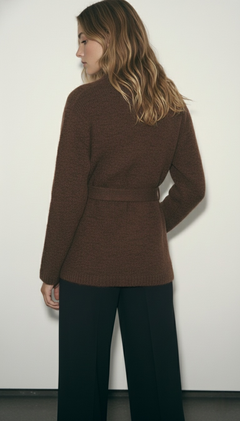 קרדיגן סריג חום עם קשירה