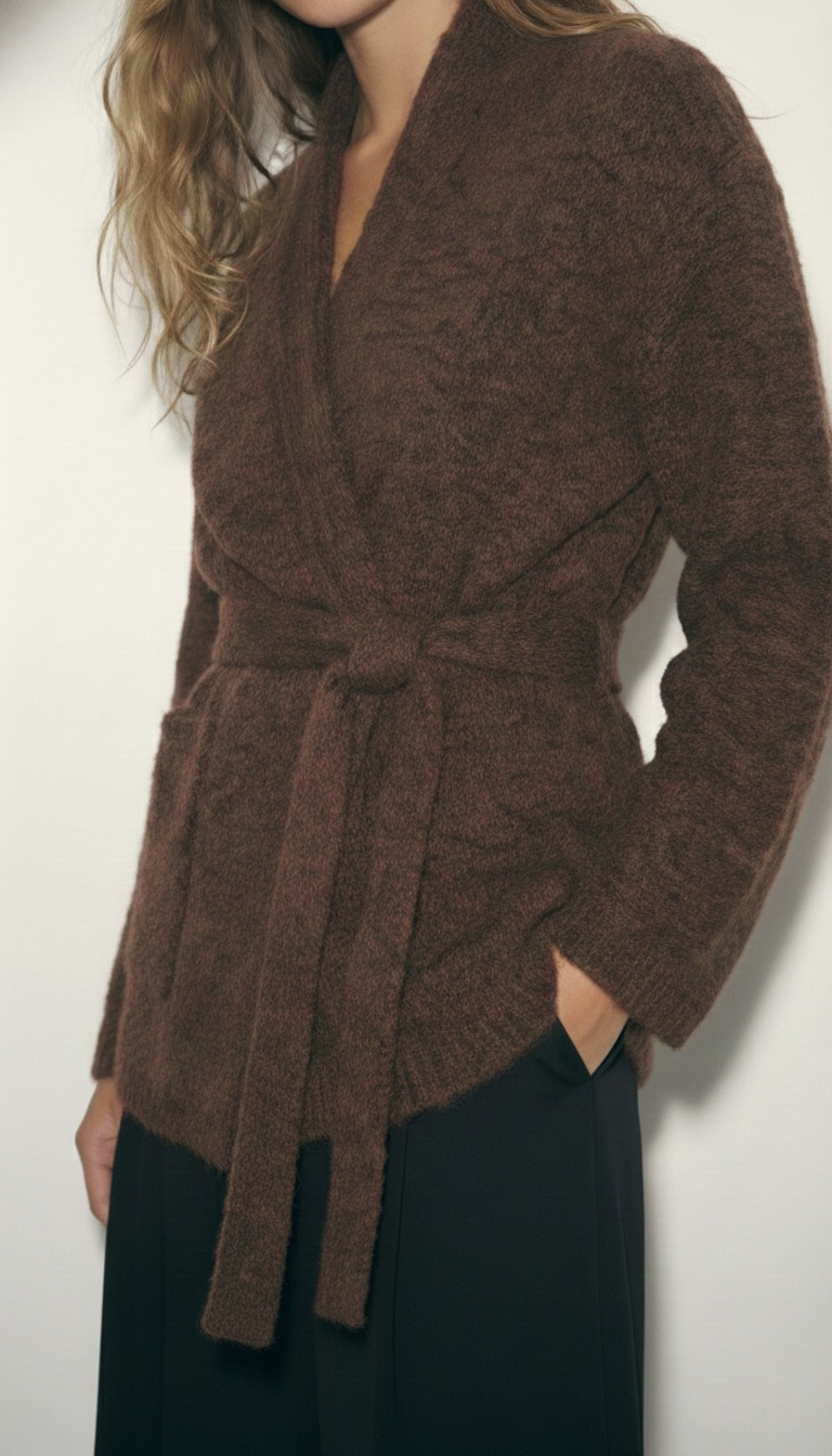 קרדיגן סריג חום עם קשירה